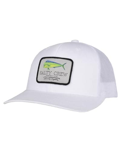 Salty Crew Men's Fish Logo Retro Trucker Hat - Premium Cotton, Unisex Adjustable Baseball Hat for Adults — White