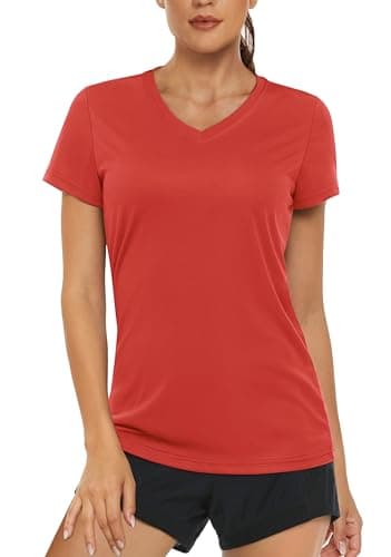Women's UPF 50+ Sun Protection V-Neck T Shirts for Athletes
| Quick Dry Women's V-Neck Short Sleeve Athletic Shirts
| W — Tomato Red