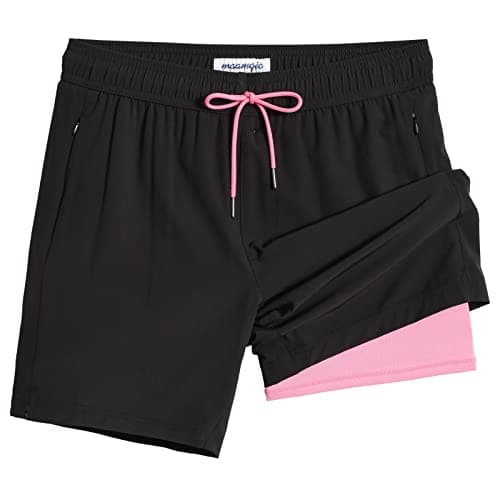 Maamgic 2 in 1 Mens Swim Trunks 7 Inch Swim Shorts - Recycled Material - Swimming, Beach - Durable and Comfortable - 32 — Pink-black