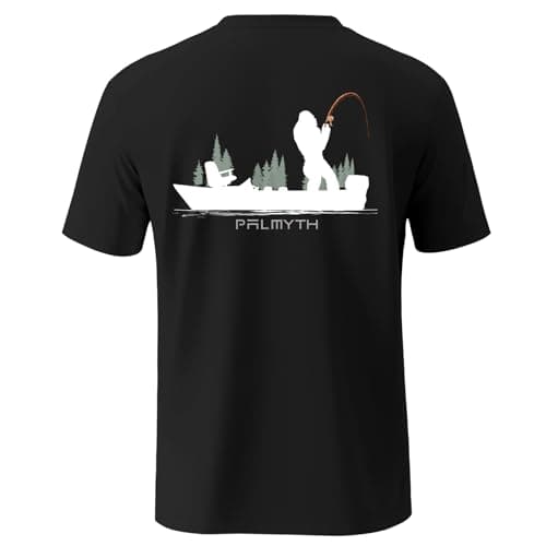 Palmyth Men's Sun Protection Fishing Shirt Short Sleeve UV UPF 50+ Tee for Outdoor Activities — Black / Bigfoot Boat