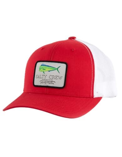 Salty Crew Men's Fish Logo Retro Trucker Hat - Premium Cotton, Unisex Adjustable Baseball Hat for Adults — Red/White