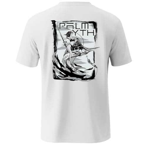Palmyth Men's Sun Protection Fishing Shirt Short Sleeve UV UPF 50+ Tee for Outdoor Activities — White / Marlin Rider