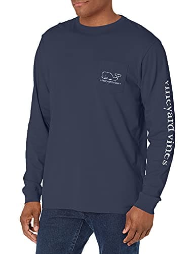 Vineyard Vines Men's Long Sleeve Vintage Whale Pocket T-Shirt Trendy Cotton Shirt for Casual Wear — Blue Blazer Wash