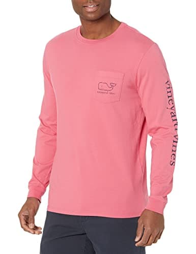 Vineyard Vines Men's Long Sleeve Vintage Whale Pocket T-Shirt Trendy Cotton Shirt for Casual Wear — Jetty Red