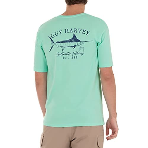 Guy Harvey Men’s Threadcycled Short Sleeve T-Shirt for Outdoor Adventures Comfort and Style — Beach Glass/Marlin Sketch
