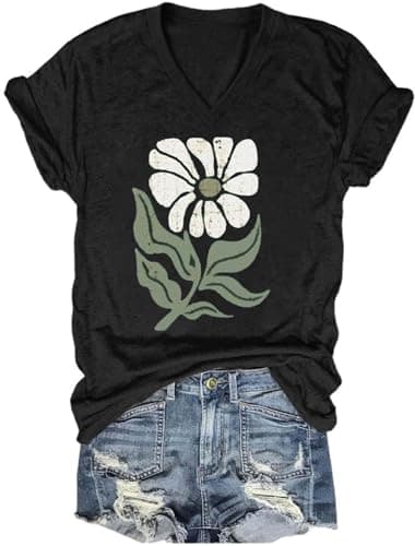 Women's Boho V-Neck Flowers T-Shirt Wildflowers Graphic Summer Tee
| Cute Women's V-Neck Wildflowers Graphic Short Slee — B-black1