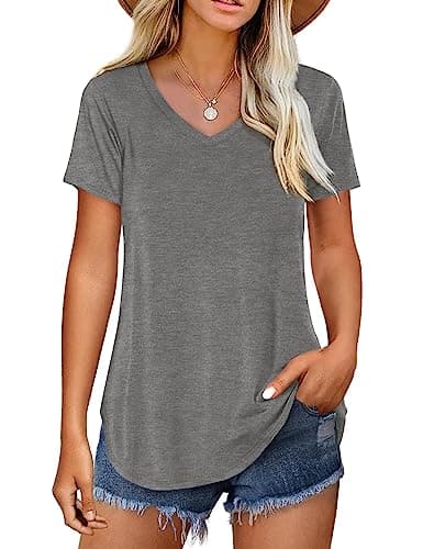Amoretu Women's V Neck Casual Short Sleeve Tee Shirts Plain Blouses — Grey