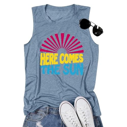 Coconut Tree Graphic Print Women Summer Workout Tank Top for Girls Sleeveless O Neck — Sun Blue