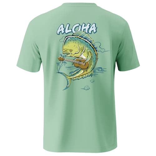 Palmyth Men's Sun Protection Fishing Shirt Short Sleeve UV UPF 50+ Tee for Outdoor Activities — Seafoam / Mahi Ukulele