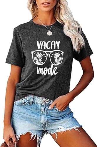 Fashvacation Sun Salt Sand Beach Tshirt for Women Summer Coconut Tree Graphic Casual Short Sleeve Loose Fit Tee — T35-greyblack