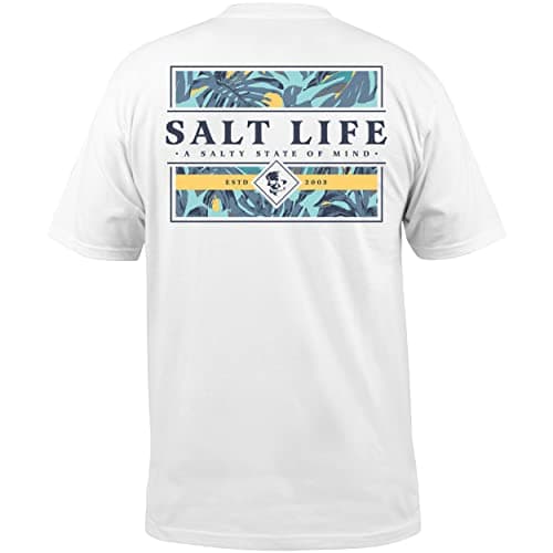 Salt Life Men's Standard Skull and Poles Short Sleeve Pocket Tee Perfect for Beach Days and Casual Wear — White