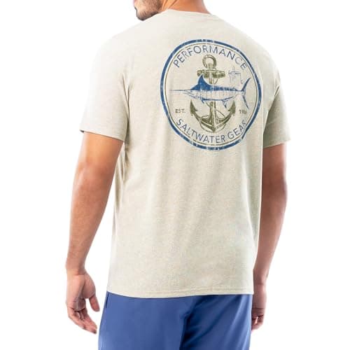 Guy Harvey Men’s Threadcycled Short Sleeve T-Shirt for Outdoor Adventures Comfort and Style — Oatmeal Heather/Saltwater Core