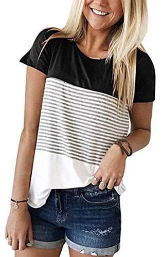 ANDUUNI Women's Crew Neck Short Sleeve Tees Color Block Striped T-Shirt Casual Loose Fit Fashion Tops - Vacation Casual — Black