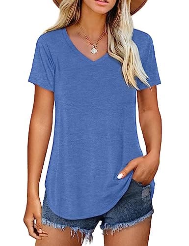 Amoretu Women's V Neck Casual Short Sleeve Tee Shirts Plain Blouses — Blue
