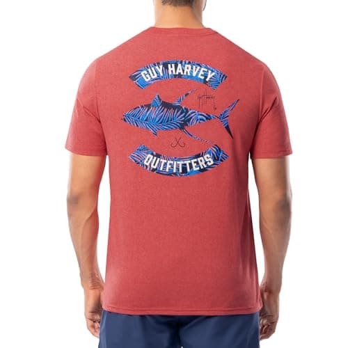 Guy Harvey Men’s Threadcycled Short Sleeve T-Shirt for Outdoor Adventures Comfort and Style — Red Heather/Tropic Tuna