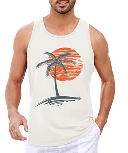Damorong Mens Sleeveless Tank Tops Workout Gym Shirts - Vintage Style Palm Tree Print - Workout Comfortable T-Shirt
| D — White