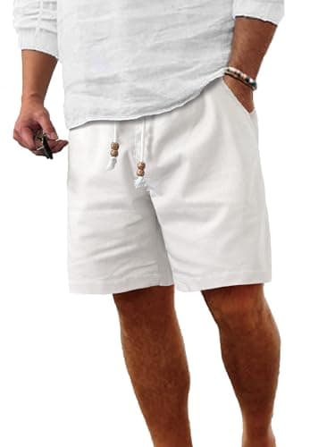 Comdecevis Men's Linen Shorts Casual Elastic Waist Drawstring Summer Beach Vacation Yoga Golf Shorts with Pockets  
Comd — White