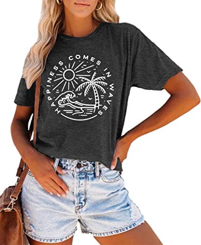 Summer T-Shirt Wave Coconut Tree Graphic Women Short Sleeve Casual Vacation Trip Tee Top
| MEESHEEP Women Summer Short — Grey
