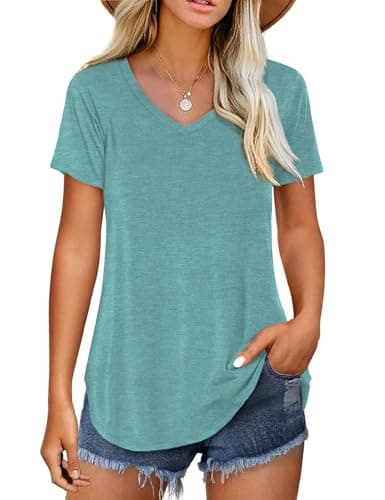 Amoretu Women's V Neck Casual Short Sleeve Tee Shirts Plain Blouses — Turquoise