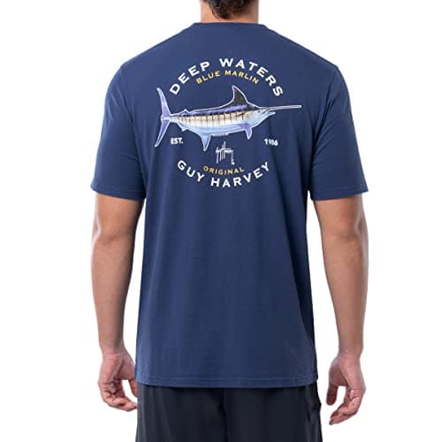 Guy Harvey Men’s Short Sleeve Cotton Graphic T-Shirt for Outdoor Adventures featuring Sea Life Art, Size Medium, 100% Co — Navy/Deep Waters