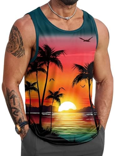 VOGSTART Mens Summer Beach Tank Tops Vacation Sleeveless Shirts (S-3XL)  
VOGSTART Mens Muscle Tank Tops for Summer Beac — Palm Tree Sunset 2