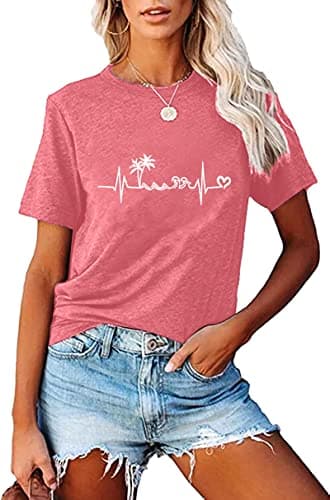 Fashvacation Sun Salt Sand Beach Tshirt for Women Summer Coconut Tree Graphic Casual Short Sleeve Loose Fit Tee — T06-pink
