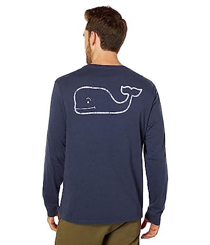 Vineyard Vines Men's Long Sleeve Vintage Whale Pocket T-Shirt Trendy Cotton Shirt for Casual Wear — Blue Blazer