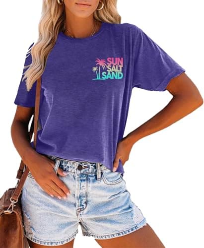 Summer T-Shirt Wave Coconut Tree Graphic Women Short Sleeve Casual Vacation Trip Tee Top
| MEESHEEP Women Summer Short — Sun-purple