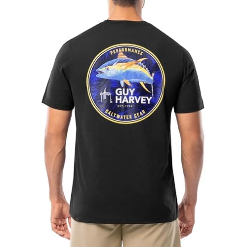 Guy Harvey Men’s Offshore Fish Collection Short Sleeve T-Shirt for Fishing Enthusiasts Feature-Fit Edition Medium Size R — Caviar/Tuna Medallion