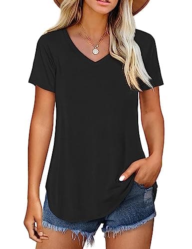 Amoretu Women's V Neck Casual Short Sleeve Tee Shirts Plain Blouses — Black