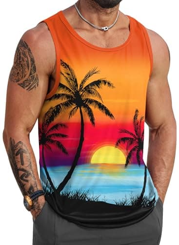 VOGSTART Mens Summer Beach Tank Tops Vacation Sleeveless Shirts (S-3XL)  
VOGSTART Mens Muscle Tank Tops for Summer Beac — Palm Tree Sunset 3