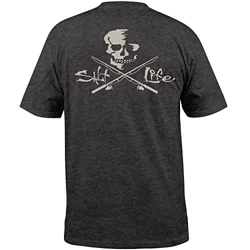 Salt Life Men's Standard Skull and Poles Short Sleeve Pocket Tee Perfect for Beach Days and Casual Wear — Charcoal Heather