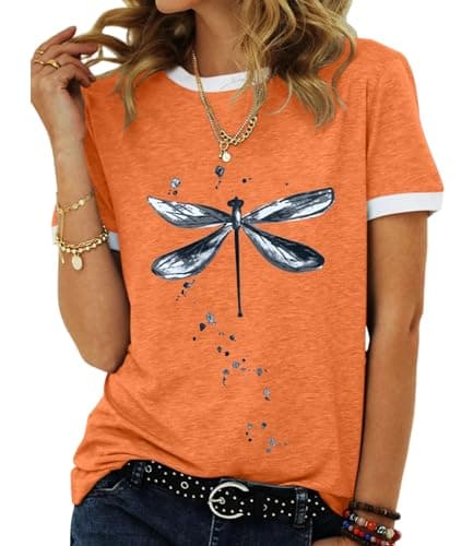 JNIFULI Women's Casual Summer Short Sleeve Graphic Tees Funny Dragonfly Printed Cute Tops
| JNIFULI Women's Funny Drago — Orange