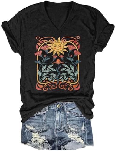 Women's Boho V-Neck Flowers T-Shirt Wildflowers Graphic Summer Tee
| Cute Women's V-Neck Wildflowers Graphic Short Slee — C-black1