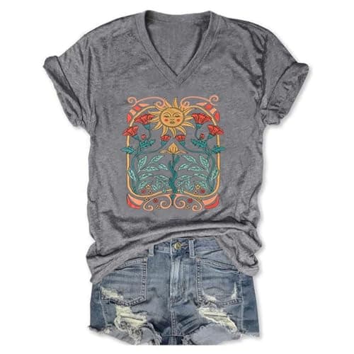 Women's Boho V-Neck Flowers T-Shirt Wildflowers Graphic Summer Tee
| Cute Women's V-Neck Wildflowers Graphic Short Slee — C-gray1