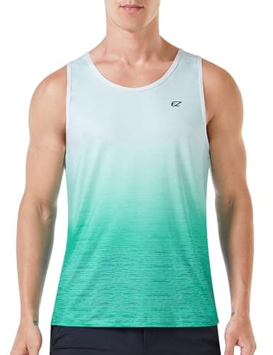 EZRUN Men's Quick Dry Workout Swim Beach Shirts Sleeveless Shirts for Bodybuilding Fitness Training — Gradient White Green