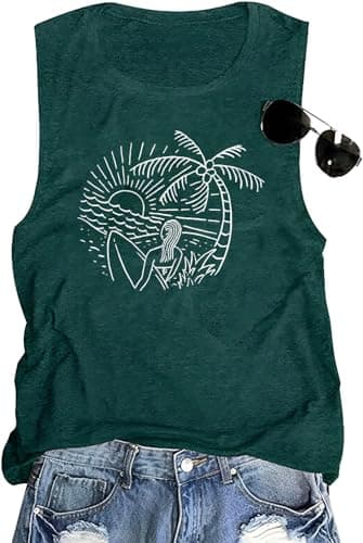Coconut Tree Graphic Print Women Summer Workout Tank Top for Girls Sleeveless O Neck — Green