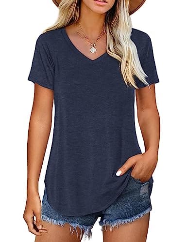 Amoretu Women's V Neck Casual Short Sleeve Tee Shirts Plain Blouses — Navy