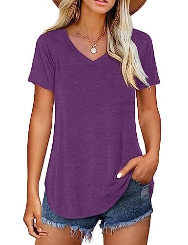 Amoretu Women's V Neck Casual Short Sleeve Tee Shirts Plain Blouses — Purple