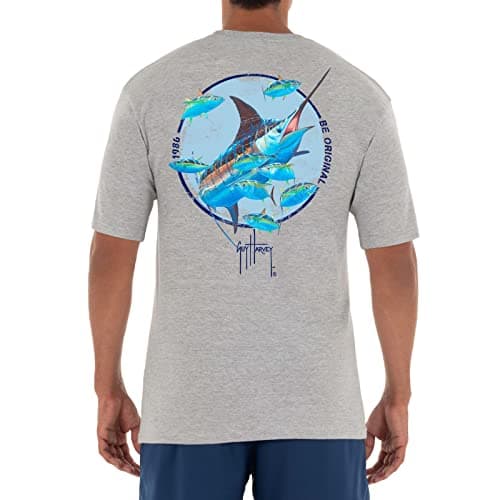 Guy Harvey Men’s Offshore Fish Collection Short Sleeve T-Shirt for Fishing Enthusiasts Feature-Fit Edition Medium Size R — Sport Grey Heather/Tuna Hunt