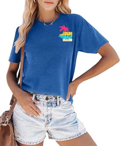 Summer T-Shirt Wave Coconut Tree Graphic Women Short Sleeve Casual Vacation Trip Tee Top
| MEESHEEP Women Summer Short — Sun-blue2