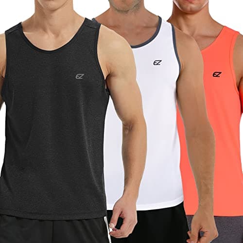 EZRUN Men's Quick Dry Workout Swim Beach Shirts Sleeveless Shirts for Bodybuilding Fitness Training — Black/White/Safety Orange 3 Pack
