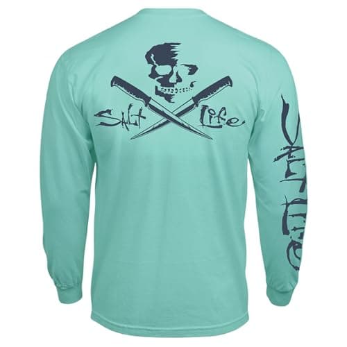 Salt Life Women's Classic Fit Long Sleeve Shirt Silver Skull and Fillet Design Fishing Outfit — Aruba Blue