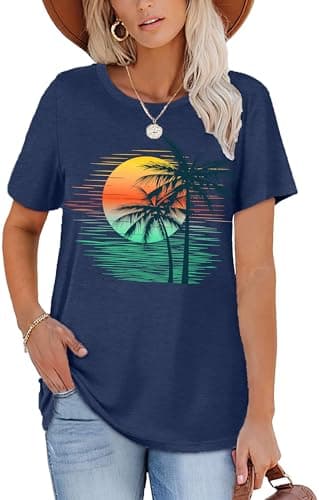 Summer T-Shirt Wave Coconut Tree Graphic Women Short Sleeve Casual Vacation Trip Tee Top
| MEESHEEP Women Summer Short — C-blue