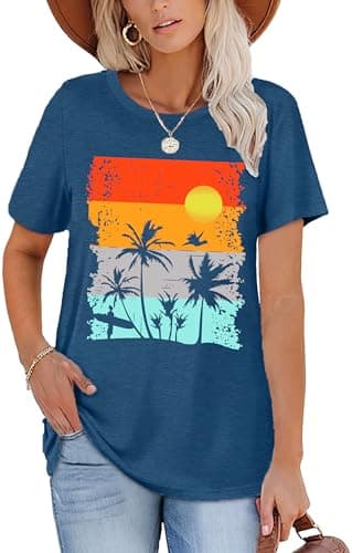 Summer T-Shirt Wave Coconut Tree Graphic Women Short Sleeve Casual Vacation Trip Tee Top
| MEESHEEP Women Summer Short — D-blue