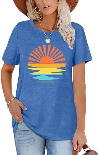 Summer T-Shirt Wave Coconut Tree Graphic Women Short Sleeve Casual Vacation Trip Tee Top
| MEESHEEP Women Summer Short — Sunset-blue2