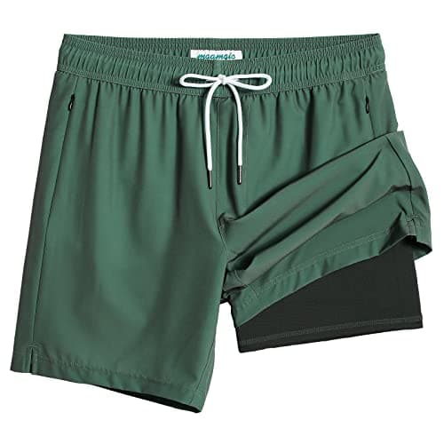 Maamgic 2 in 1 Mens Swim Trunks 7 Inch Swim Shorts - Recycled Material - Swimming, Beach - Durable and Comfortable - 32 — Green-army Green