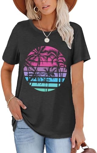 Summer T-Shirt Wave Coconut Tree Graphic Women Short Sleeve Casual Vacation Trip Tee Top
| MEESHEEP Women Summer Short — B-grey