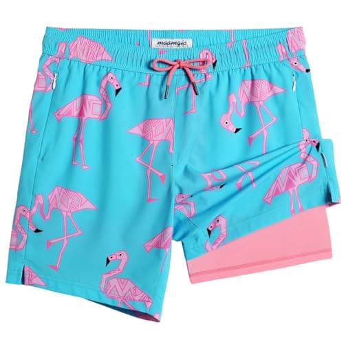 Maamgic 2 in 1 Mens Swim Trunks 7 Inch Swim Shorts - Recycled Material - Swimming, Beach - Durable and Comfortable - 32 — Geometric Flamingo-blue