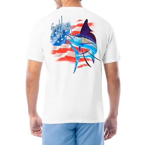 Guy Harvey Men’s Short Sleeve Cotton Graphic T-Shirt for Outdoor Adventures featuring Sea Life Art, Size Medium, 100% Co — White/Patriotic Turn